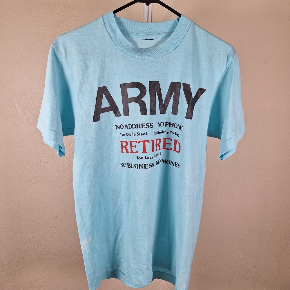 Vintage Army 80s Parody T Shirt Humor Funny Broke Retired Single Stitch Blue